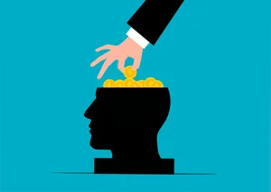 Coins flowing into a head silhouette, an illustration of thinking before investing
