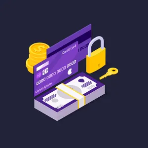 A credit card, cash and a padlock, illustrating safe ways to fund a crypto account