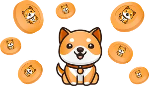 A cute Shiba Inu puppy sitting among gold coins
