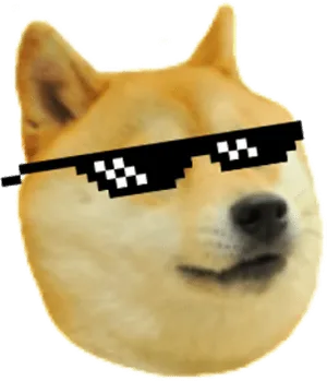 Doge wearing pixel sunglasses, a nod to the meme behind the coin