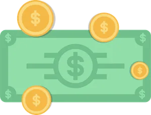 A banknote with coins, illustrating converting euros into Dogecoin