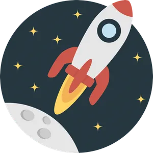 Cartoon rocket flying toward the moon on a round badge