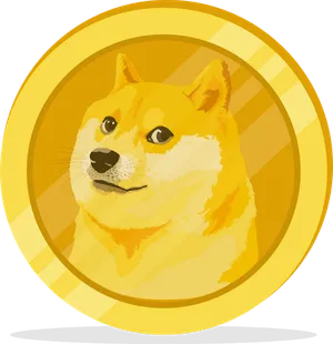 A shiny gold Dogecoin coin with the Doge face