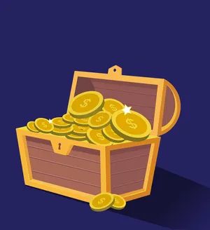 Open treasure chest full of gold coins